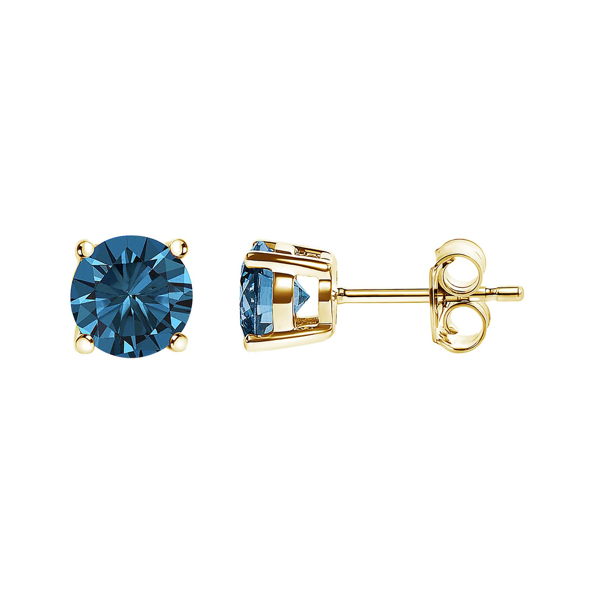 Front and side view of yellow metal stud earrings with round blue gemstones in 4-prong settings.