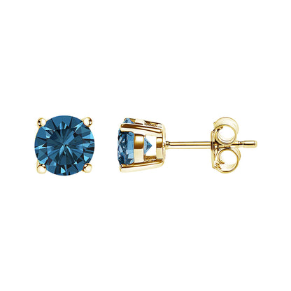 Front and side view of yellow metal stud earrings with round blue gemstones in 4-prong settings.