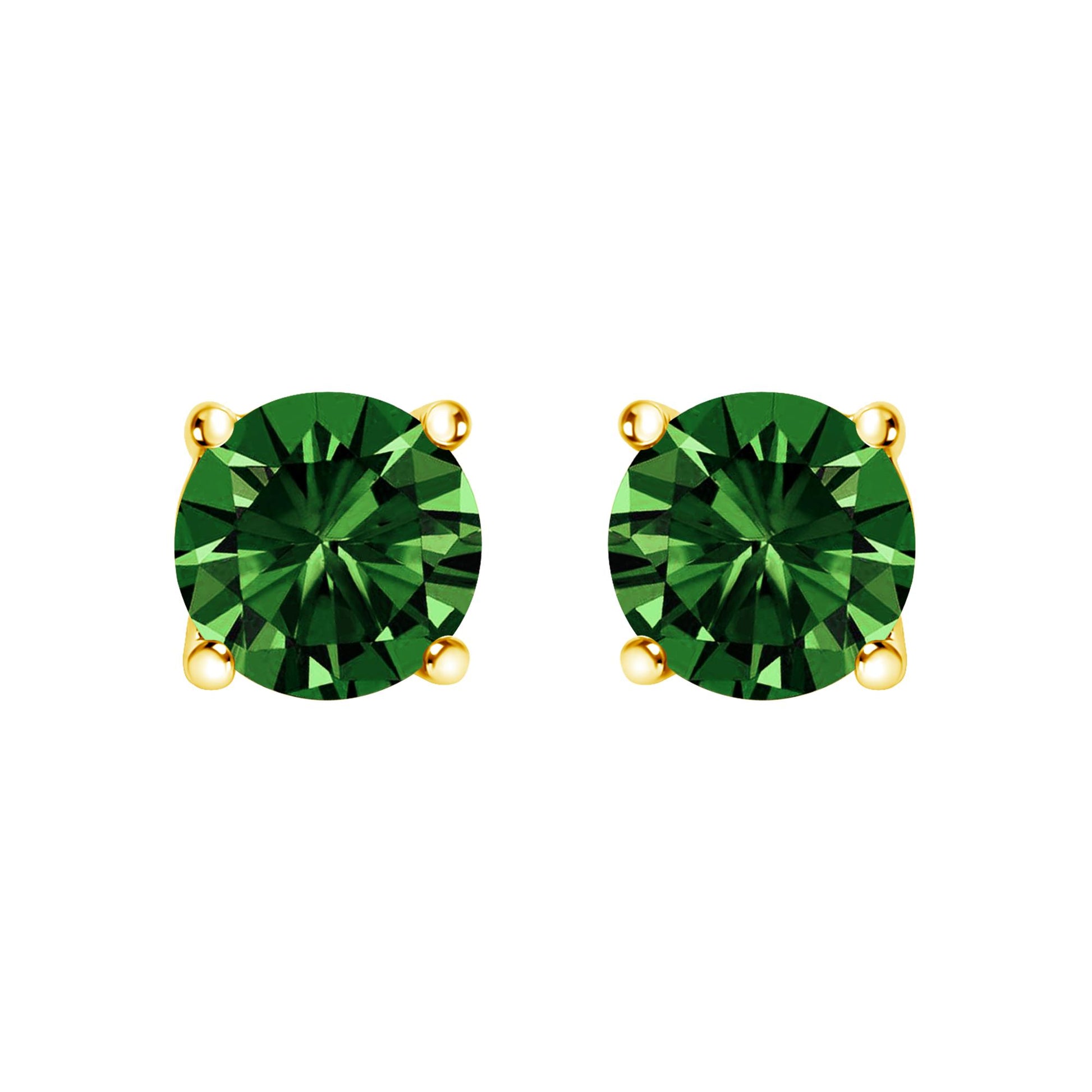 Close-up front view of a pair of yellow metal stud earrings with round green gemstones set in four-prong settings.