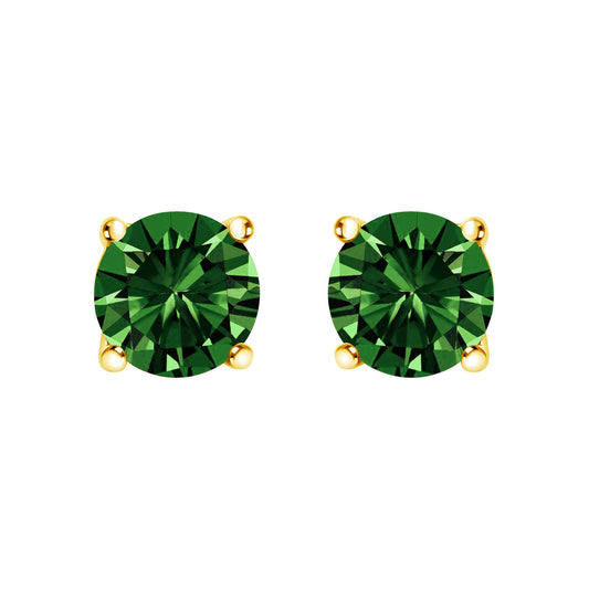 Close-up front view of a pair of yellow metal stud earrings with round green gemstones set in four-prong settings.
