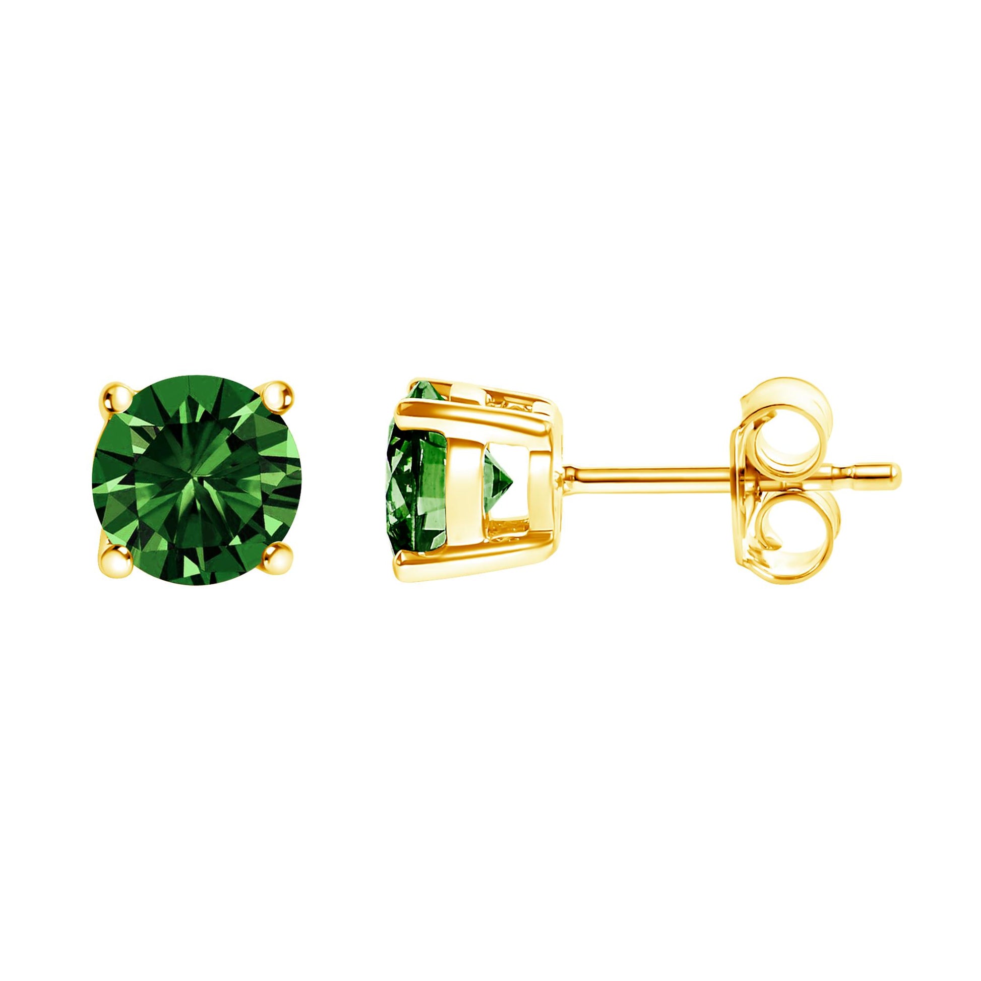 Close-up side and front view of a pair of yellow metal stud earrings with round green gemstones in a four-prong setting, shown on a white background.
