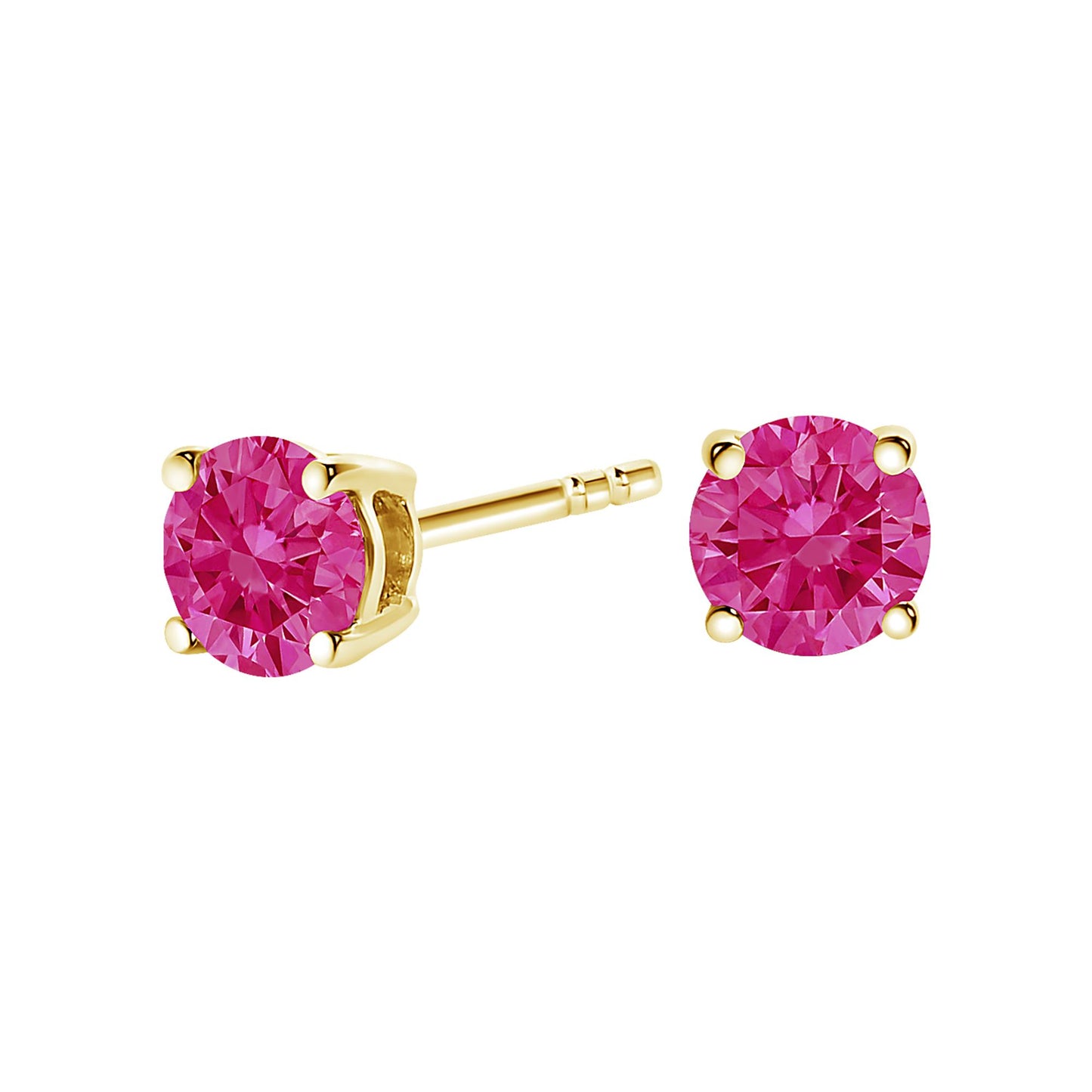 Pair of yellow metal stud earrings with round pink gemstones in 4-prong settings, shown from a front and side angle on a white background.