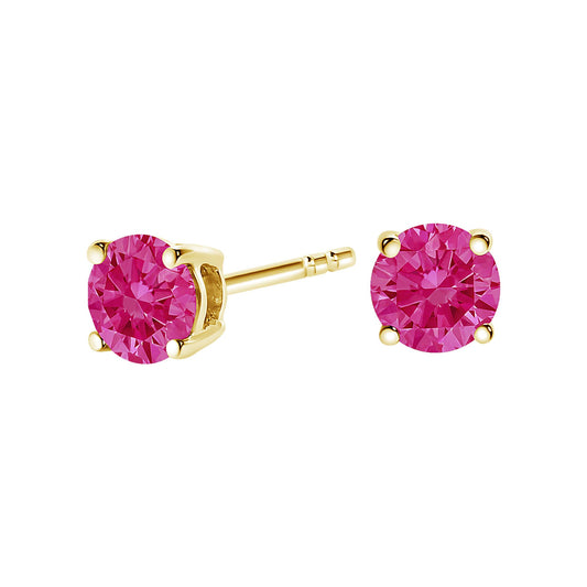 Pair of yellow metal stud earrings with round pink gemstones in 4-prong settings, shown from a front and side angle on a white background.