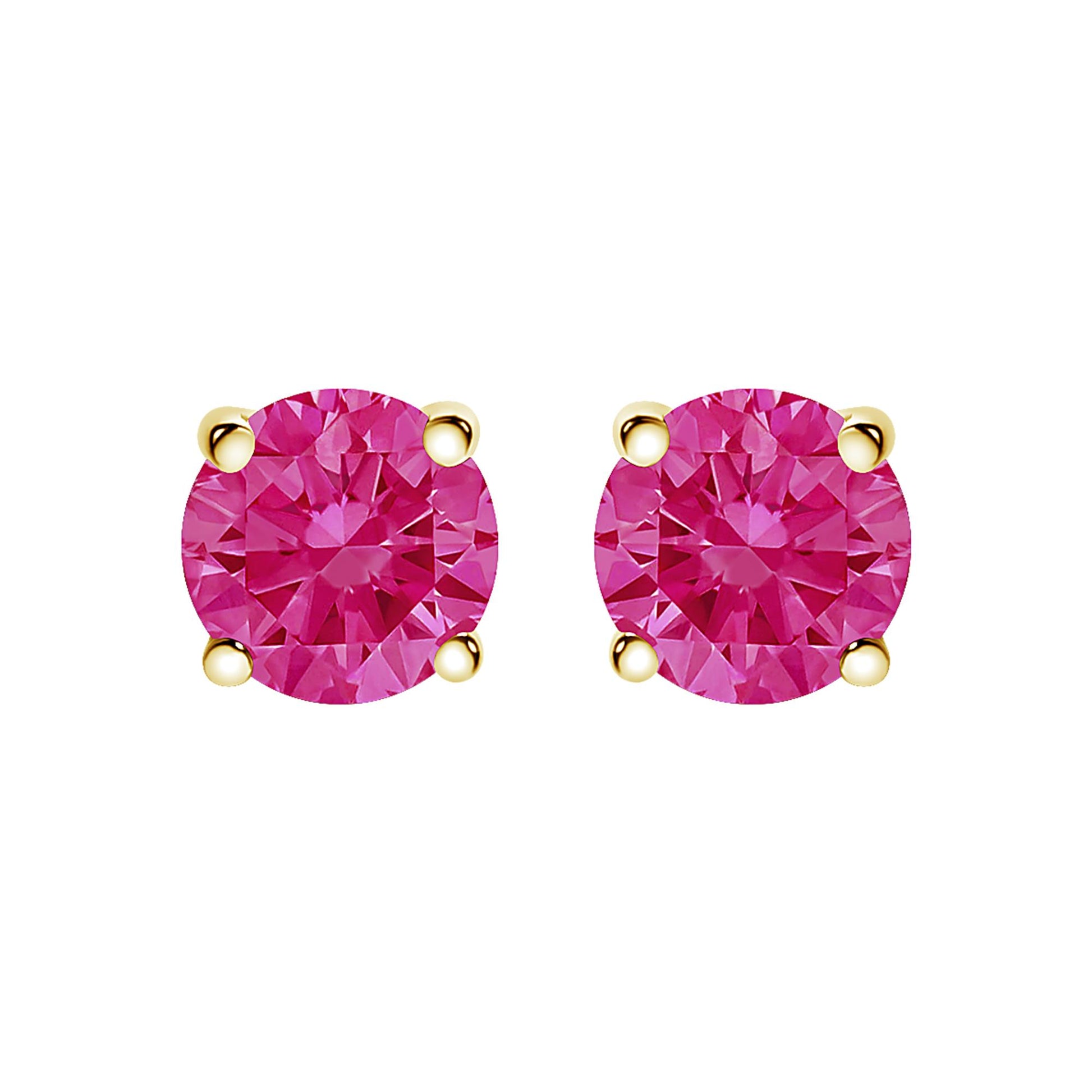 Front view of yellow metal stud earrings each with a round pink gemstone in a 4-prong setting.