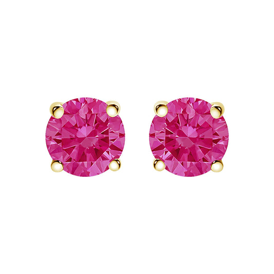 Front view of yellow metal stud earrings each with a round pink gemstone in a 4-prong setting.