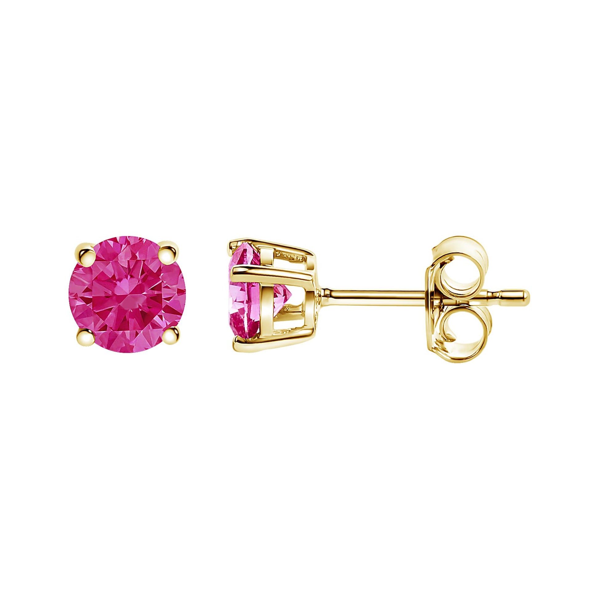 Front and side views of a yellow metal stud earring with a round pink gemstone in a 4-prong setting, shown isolated on a white background.