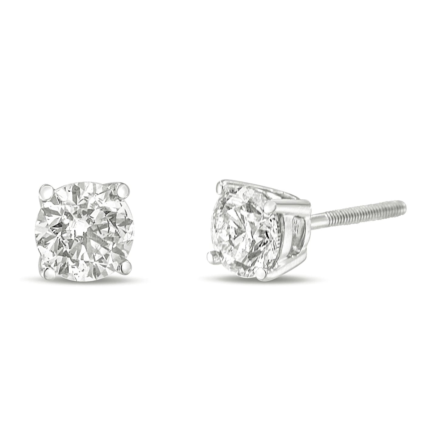 Front and side angle view of white metal stud earrings with round white gemstones in 4-prong settings.