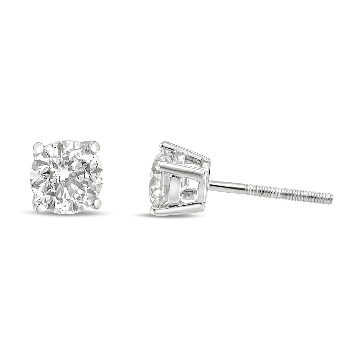 Front and side view of white metal stud earrings with round white gemstones in a 4-prong setting against a white background.