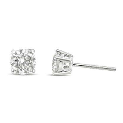 Front and side view of white metal stud earrings with round white gemstones in a 4-prong setting against a white background.
