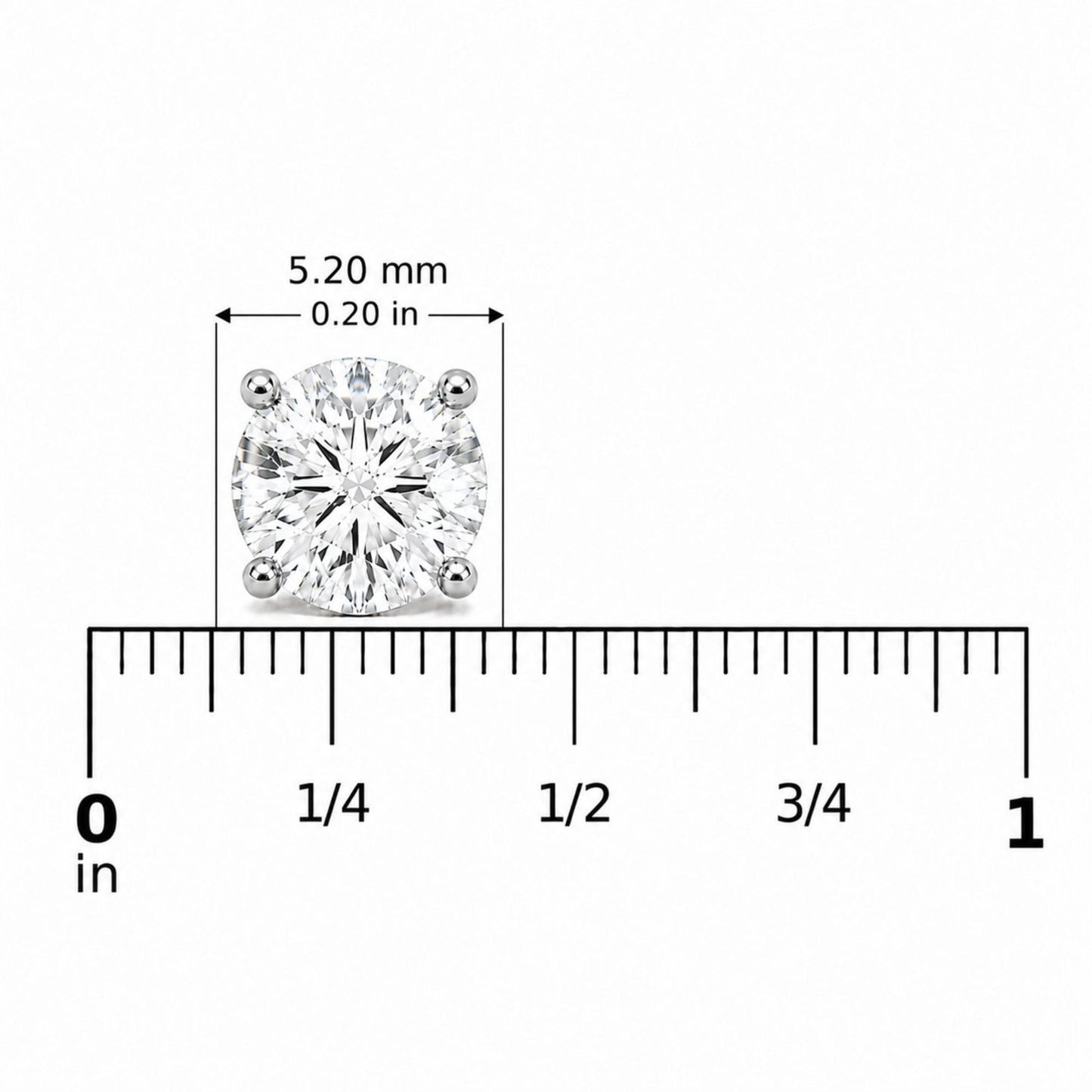 Close-up front view of single white metal stud earring with round white gemstone in 4-prong setting shown on a scale.