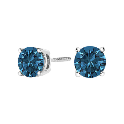 Pair of white metal stud earrings with round blue gemstones in 4-prong settings, shown from a front and side angle.