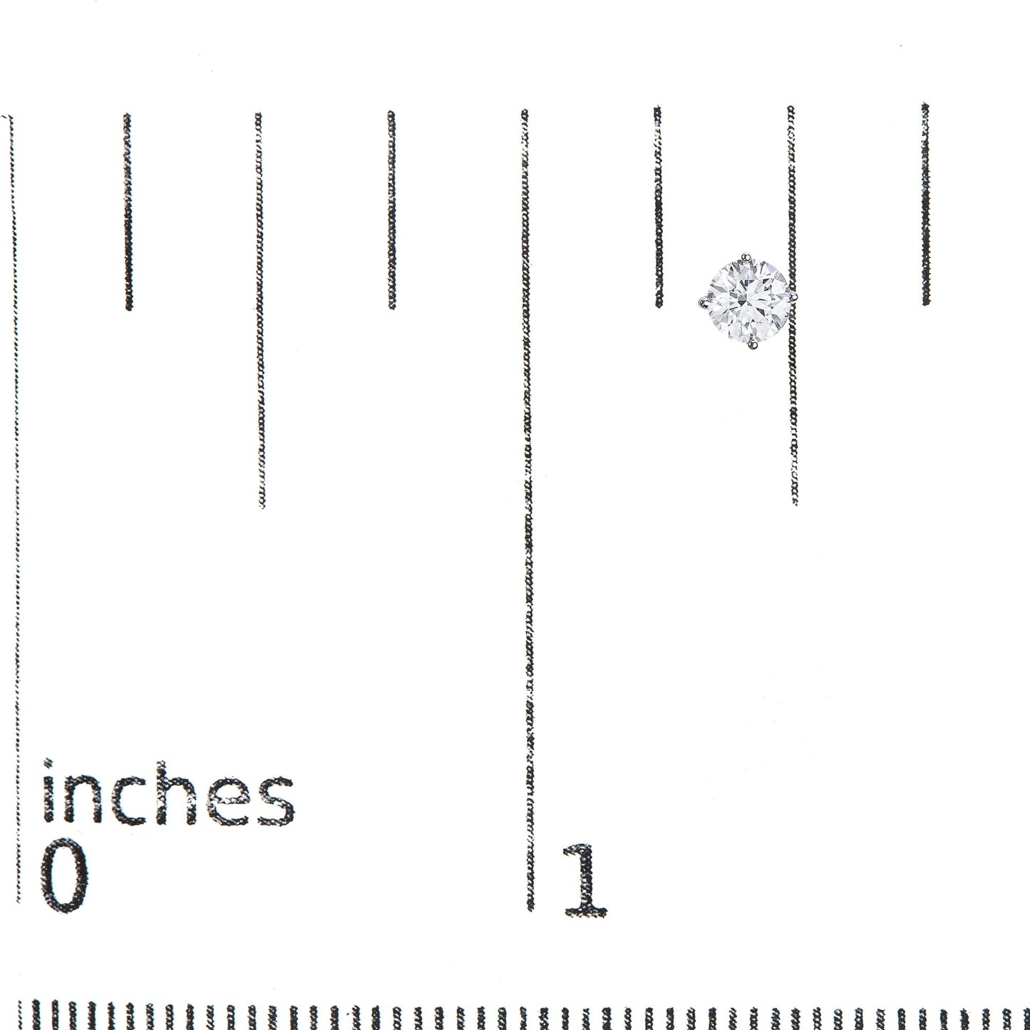 Single white metal stud earring with a round white gemstone in a 4-prong setting, shown on a scale from a side angle.