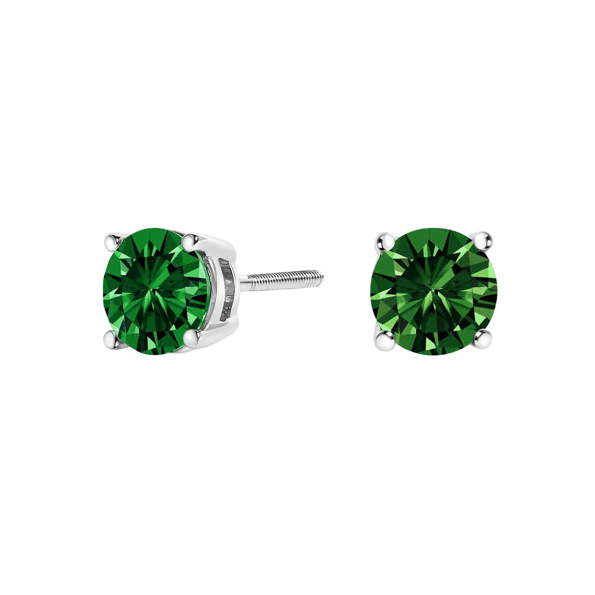 Pair of white metal stud earrings with round green gemstones in 4-prong settings, shown from front and side angles.