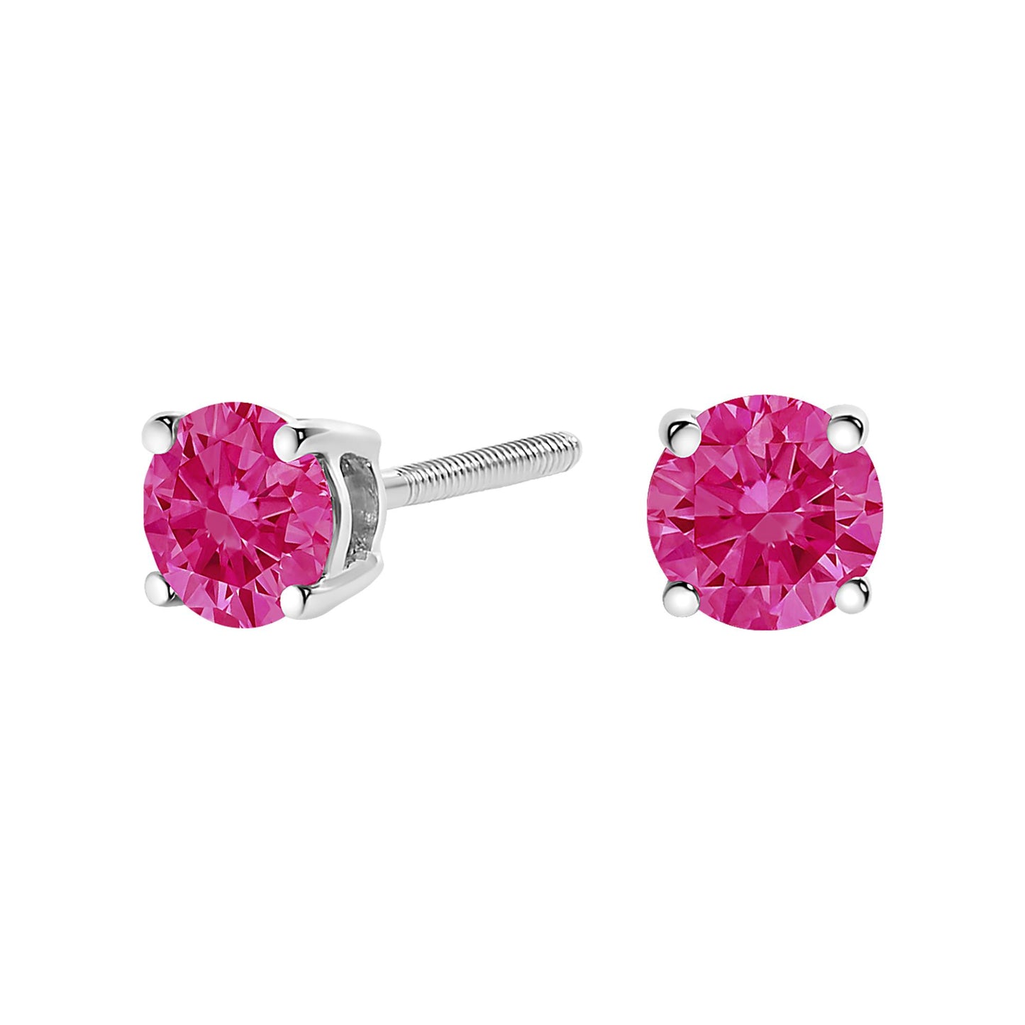 Pair of white metal stud earrings with round pink gemstones in four-prong settings, shown in a front and side angle view.