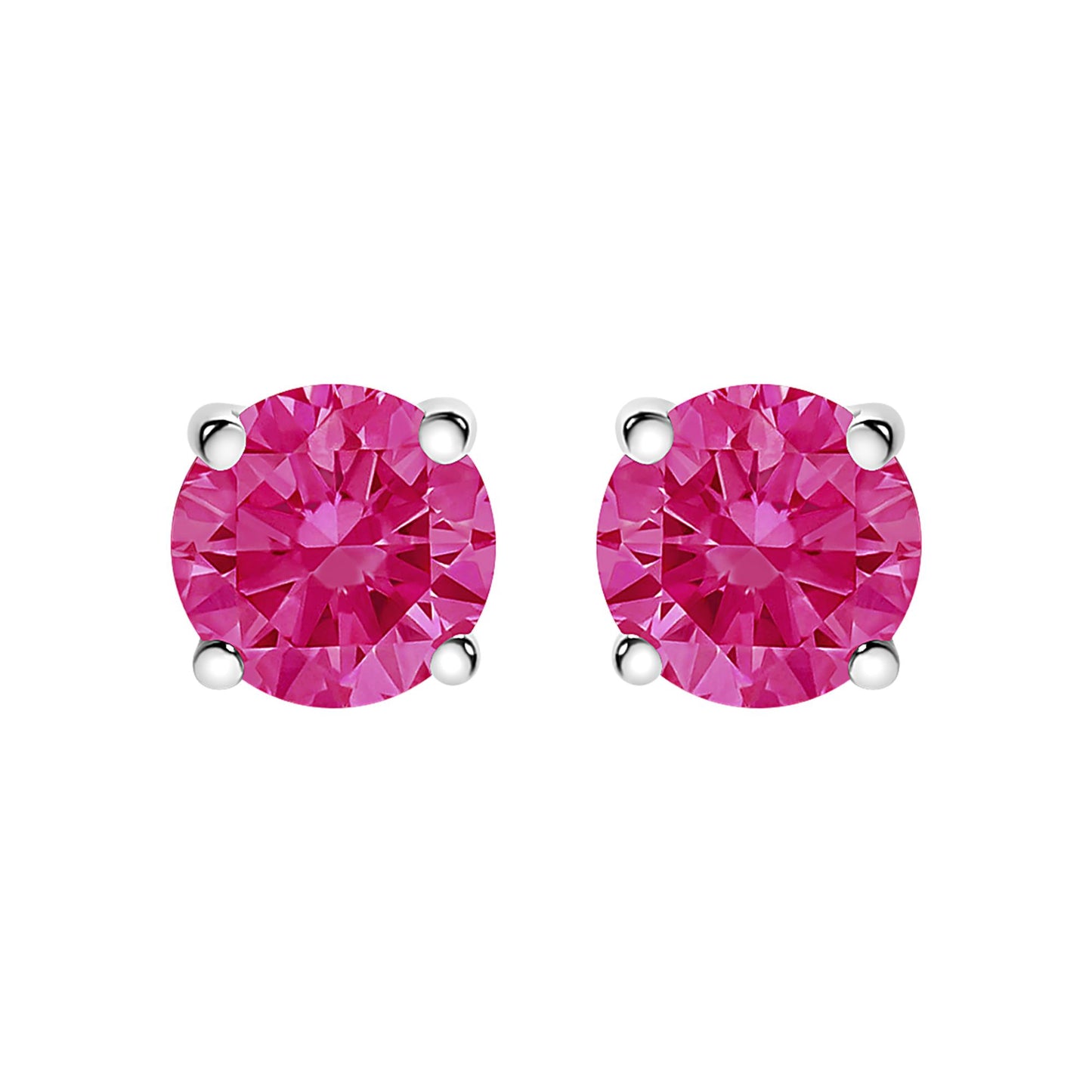 Front view of white metal round pink gemstone stud earrings with four-prong settings.