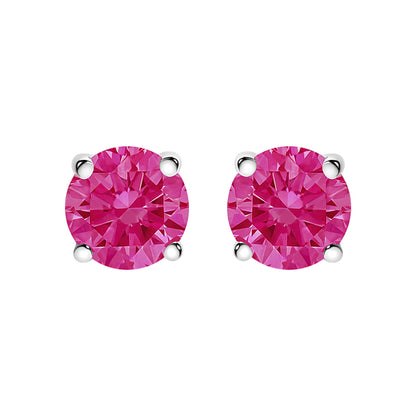 Front view of white metal round pink gemstone stud earrings with four-prong settings.