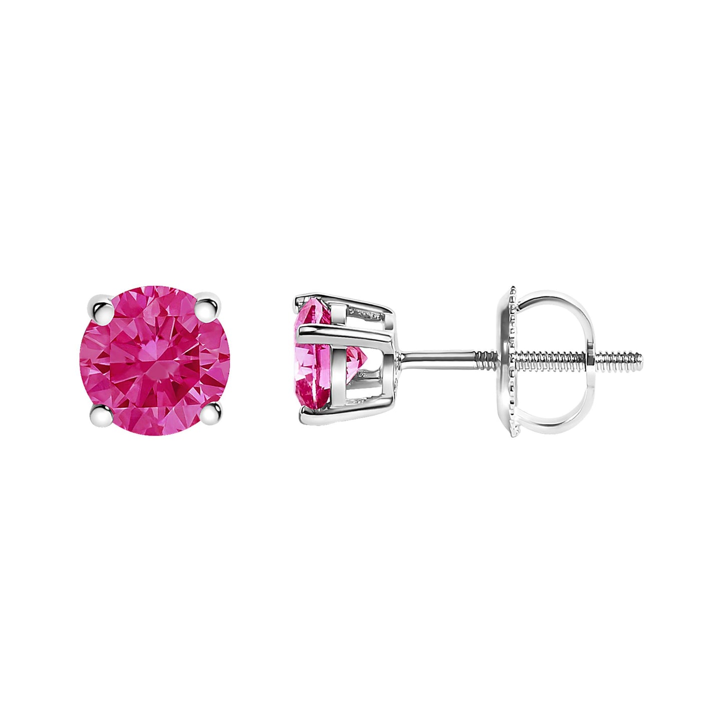 Pair of white metal stud earrings with round pink gemstones in 4-prong settings, shown from front and side angles on a white background.