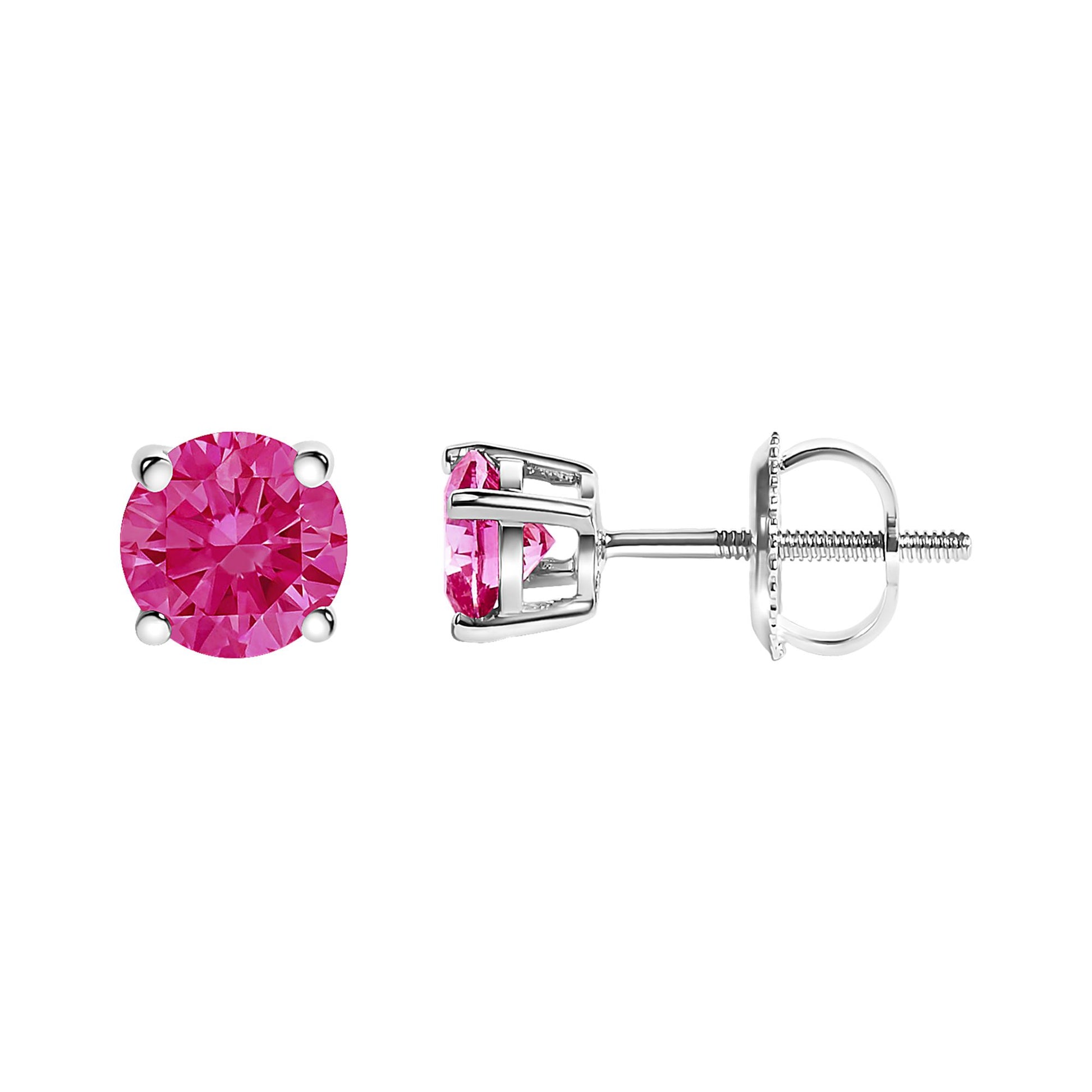 Pair of white metal stud earrings with round pink gemstones in 4-prong settings, shown from front and side angles on a white background.