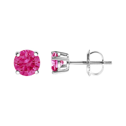 Pair of white metal stud earrings with round pink gemstones in 4-prong settings, shown from front and side angles on a white background.