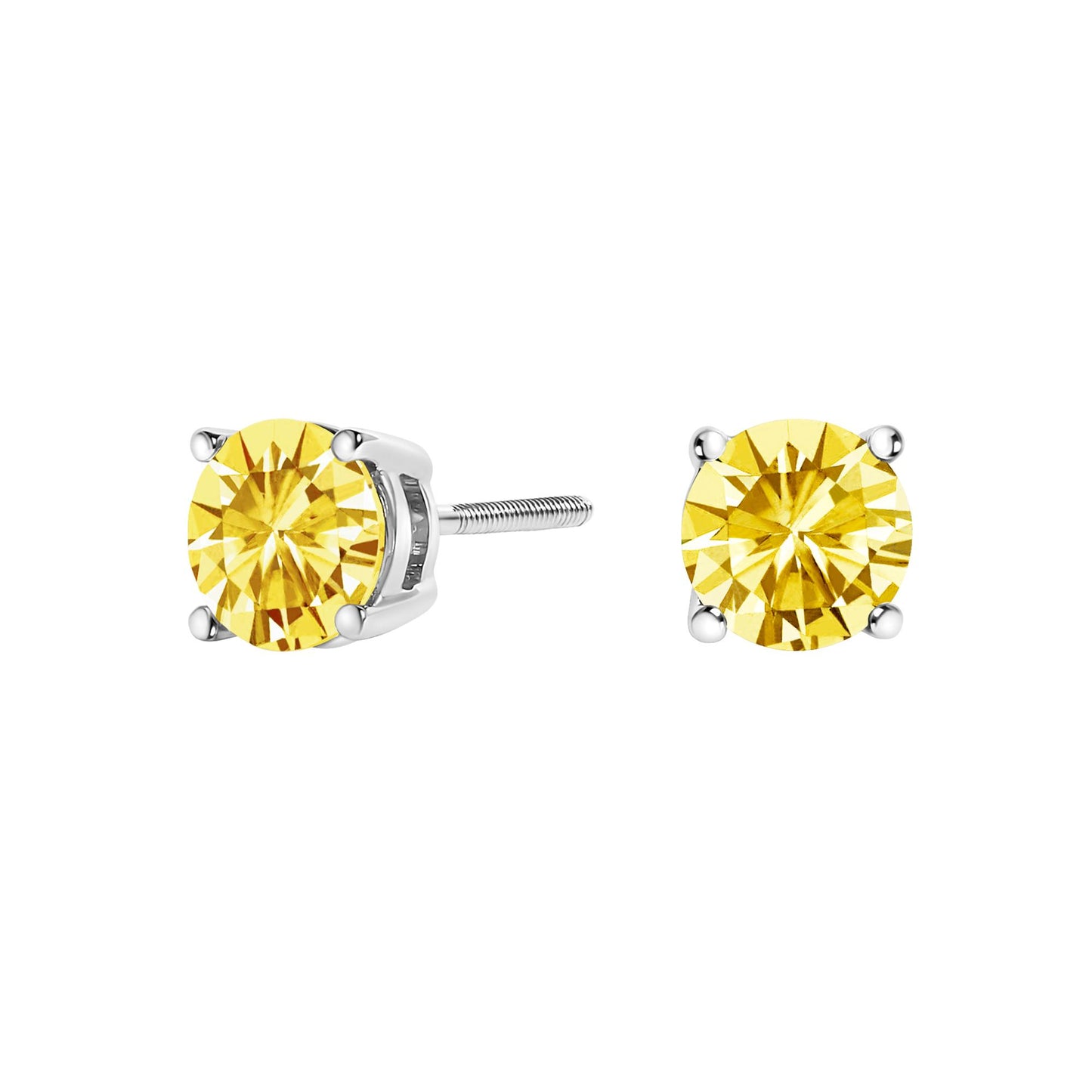 Pair of white metal stud earrings with round yellow gemstones in a 4-prong setting, shown from a front and side angle on a white background.