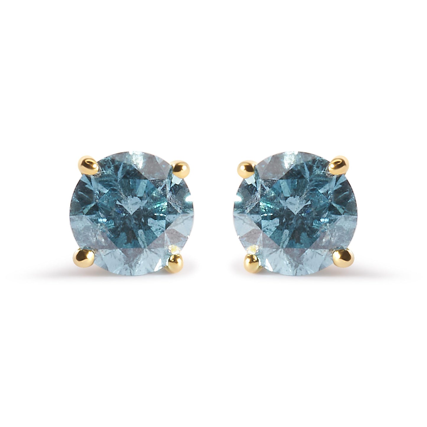Front-facing view of yellow metal stud earrings with round aqua blue gemstones in 4-prong settings.