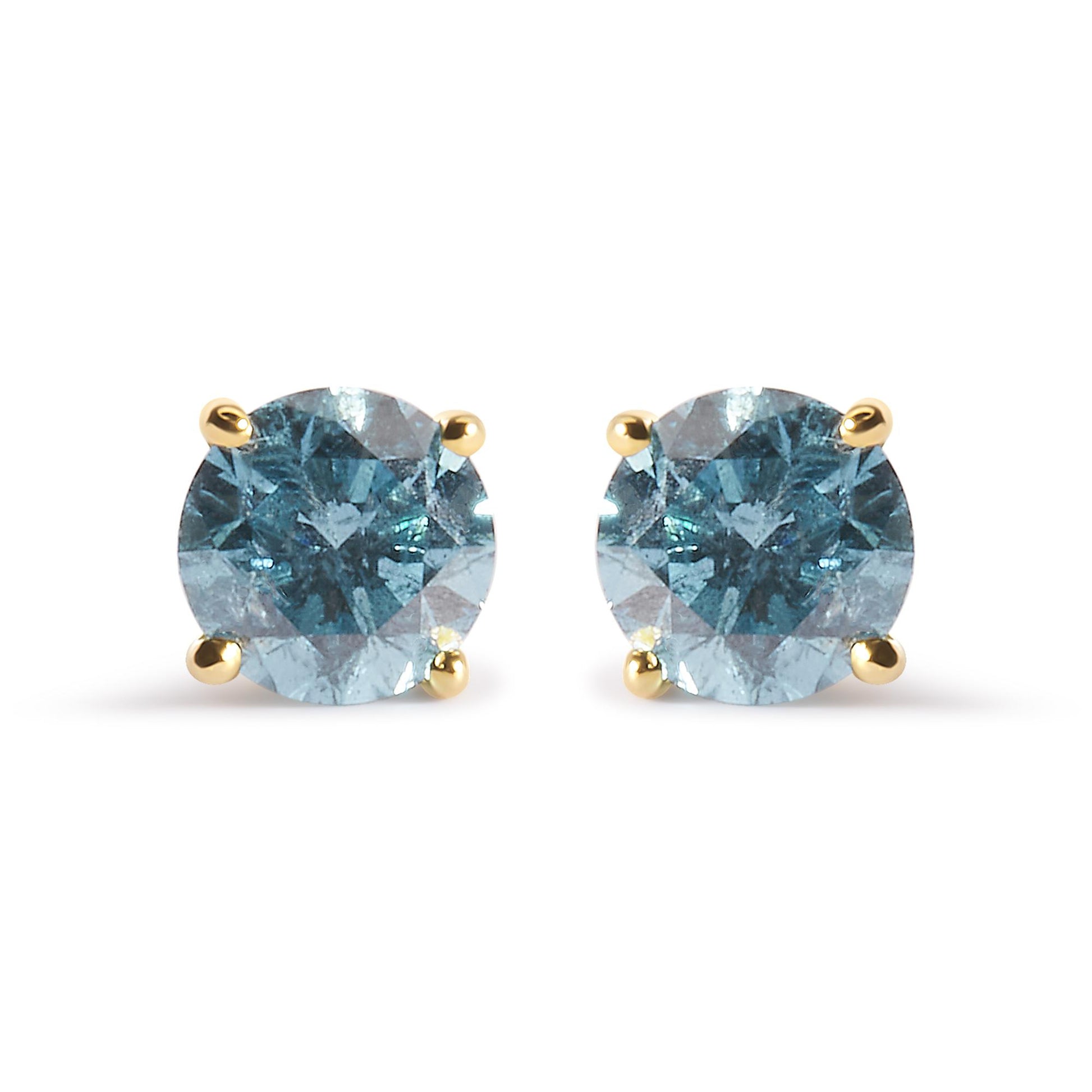 Front-facing view of yellow metal stud earrings with round aqua blue gemstones in 4-prong settings.