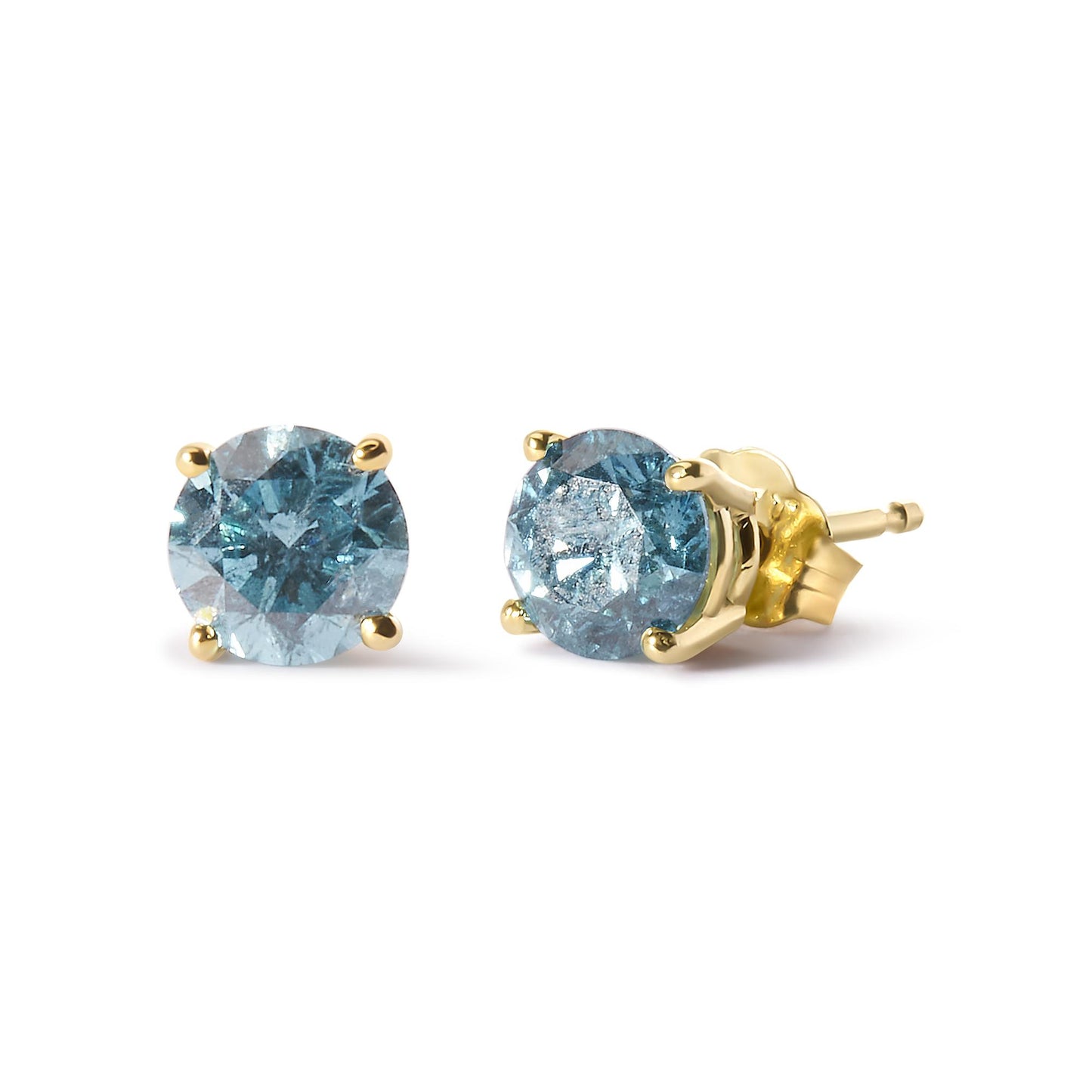 Pair of yellow metal stud earrings with round aqua blue gemstones in 4-prong settings, shown at a slight angle on a white background.