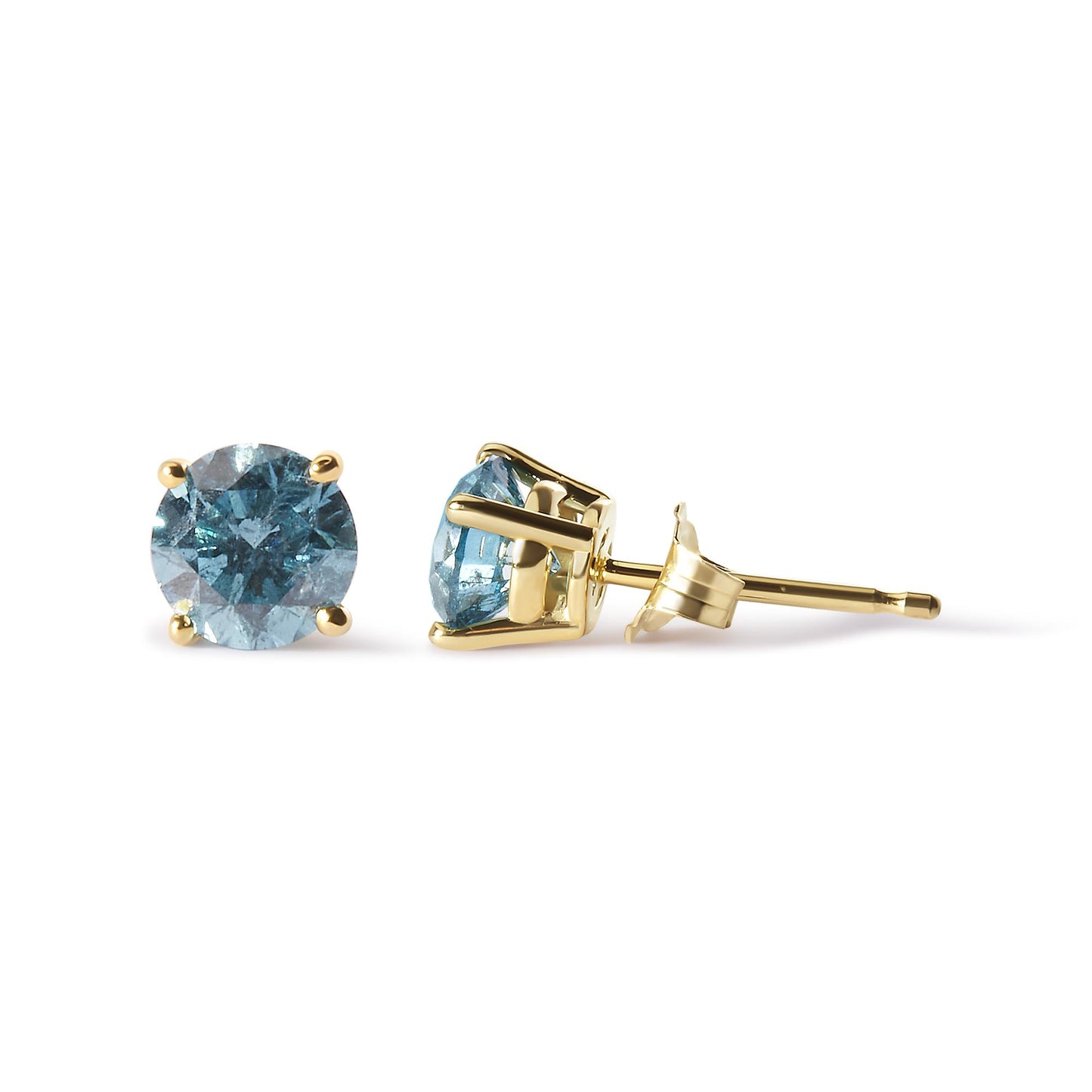 Close-up of yellow metal stud earrings with round aqua blue gemstones in 4-prong settings, shown from front and side angles.
