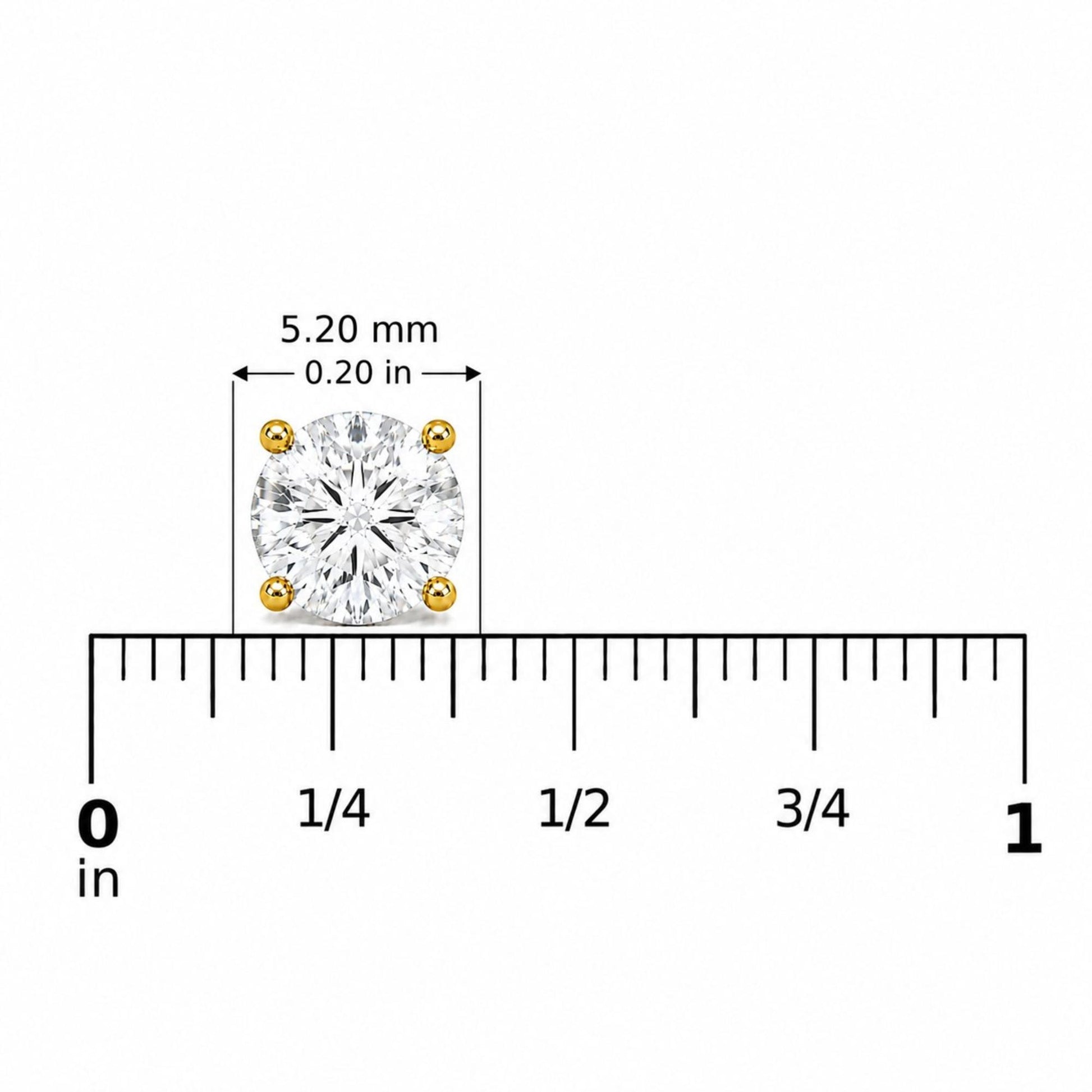Close-up front view of a single round white gemstone earring in a four-prong yellow setting shown on a measuring scale.