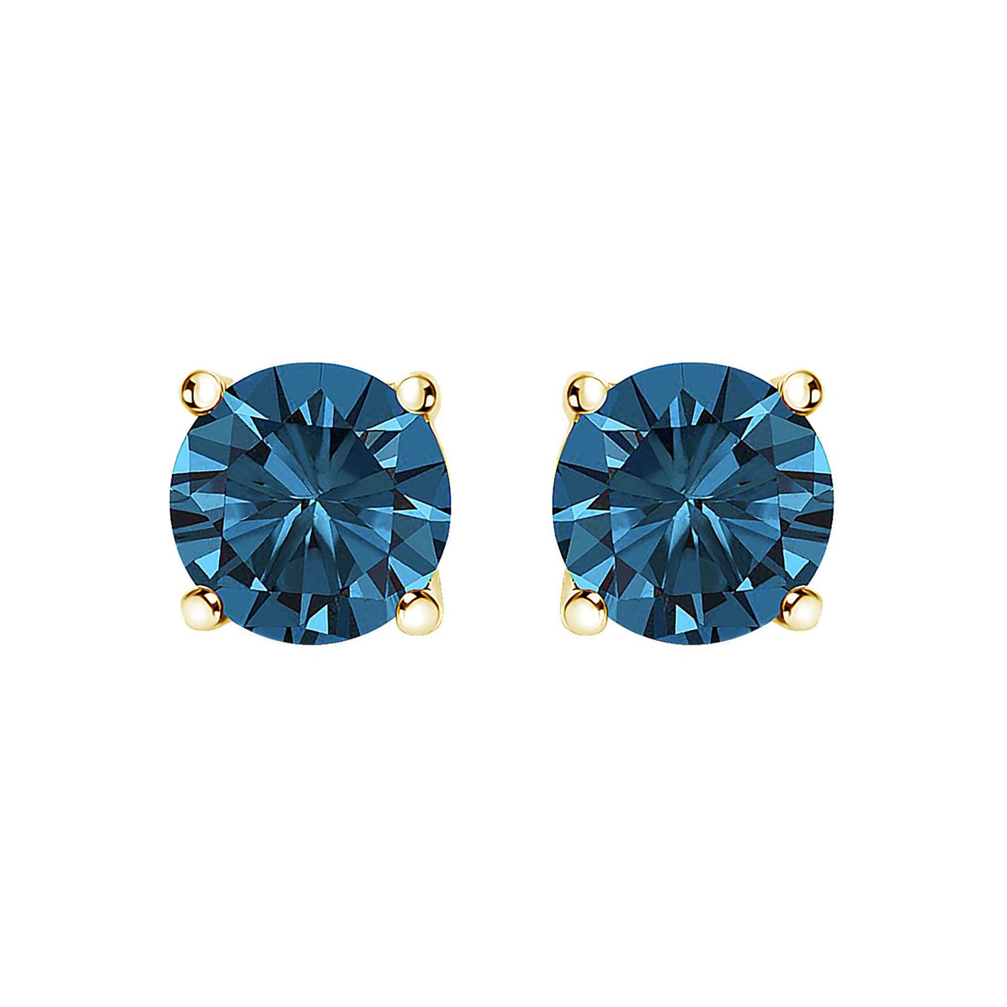 Front view of a pair of yellow metal stud earrings featuring round blue gemstones in four-prong settings.