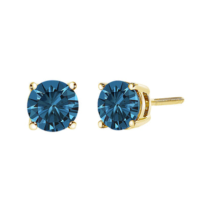 Front and side view of yellow metal stud earrings with round blue gemstones in four-prong settings.