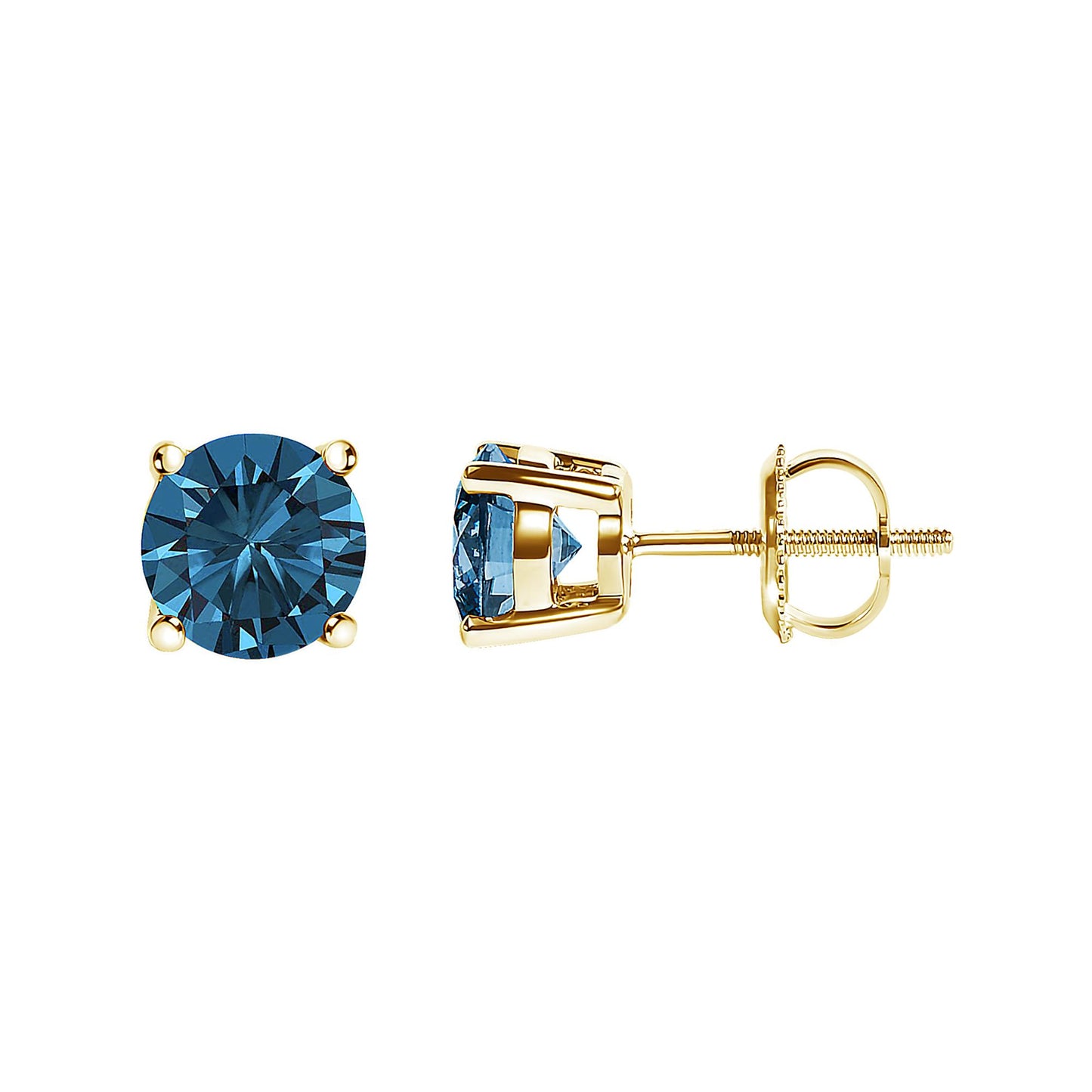 Yellow metal stud earrings with round blue gemstones in four-prong settings, shown from front and side angles.