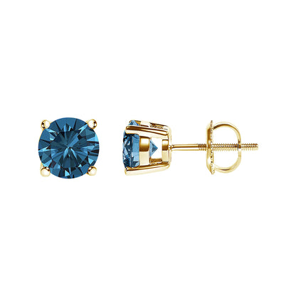 Yellow metal stud earrings with round blue gemstones in four-prong settings, shown from front and side angles.