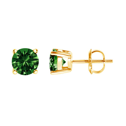 Front and side views of yellow metal stud earrings with round green gemstones in 4-prong settings.