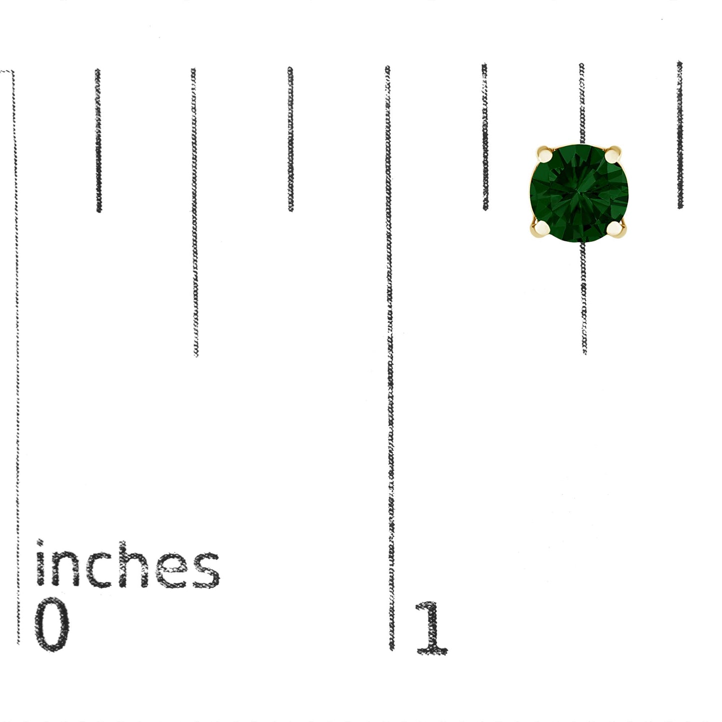 Close-up front view of a yellow metal stud earring with a round green gemstone in a four-prong setting, shown on a ruler for size reference.