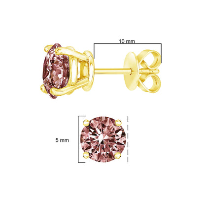 Side and front angle of yellow metal stud earring with round pink gemstone in four-prong setting, shown with size measurements.