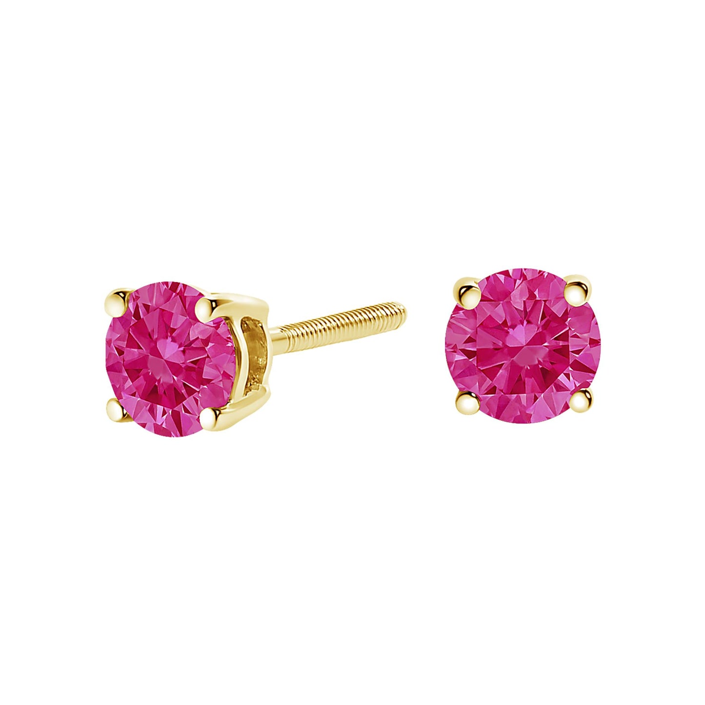 Close-up front and side angle of a pair of yellow metal stud earrings, each featuring a round pink gemstone in a four-prong setting.