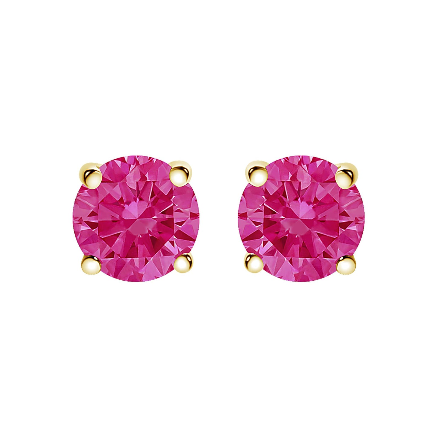 Front view of yellow metal stud earrings with round pink gemstones in 4-prong settings.