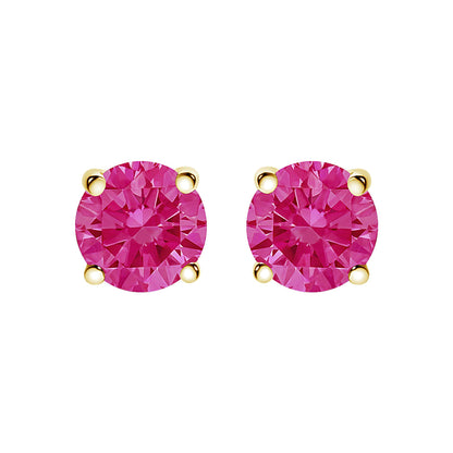 Front view of yellow metal stud earrings with round pink gemstones in 4-prong settings.