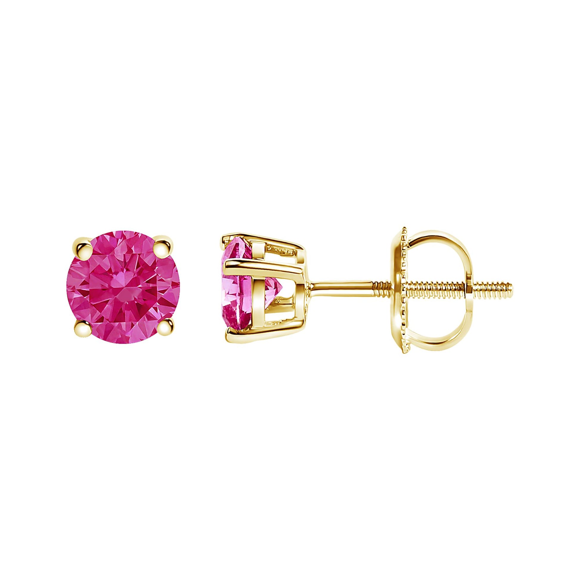 Front and side view of yellow metal stud earrings with round pink gemstones in four-prong settings, shown on a white background.