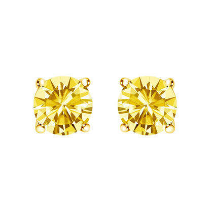 Pair of yellow metal earrings with round yellow gemstones in 4-prong settings, shown from the front on a white background.