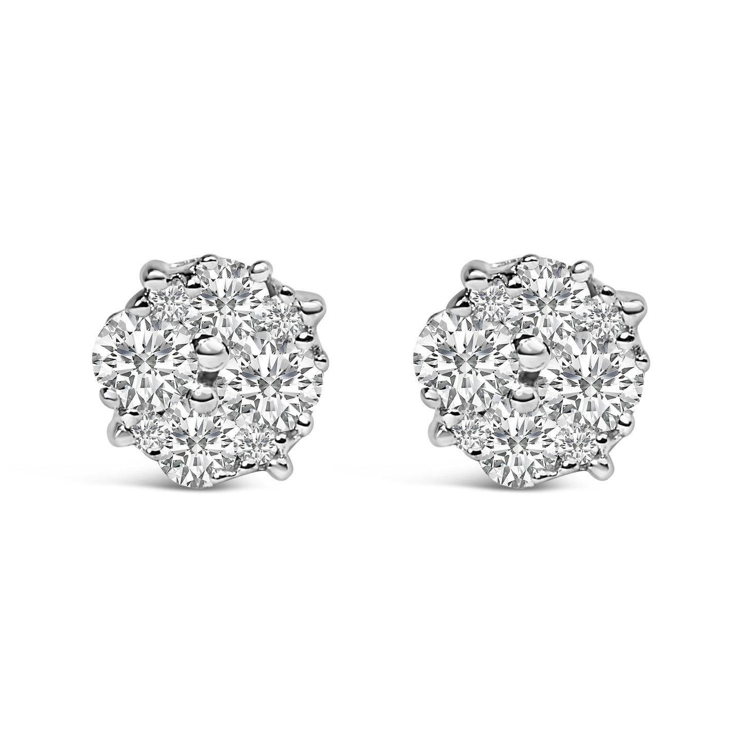 Pair of white metal stud earrings with round white gemstones in prong settings clustered in a circular arrangement, shown from a front angle on a white background.