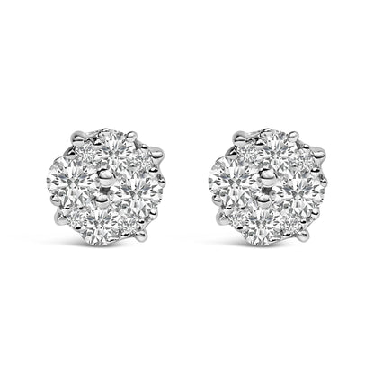 Pair of white metal stud earrings with round white gemstones in prong settings clustered in a circular arrangement, shown from a front angle on a white background.