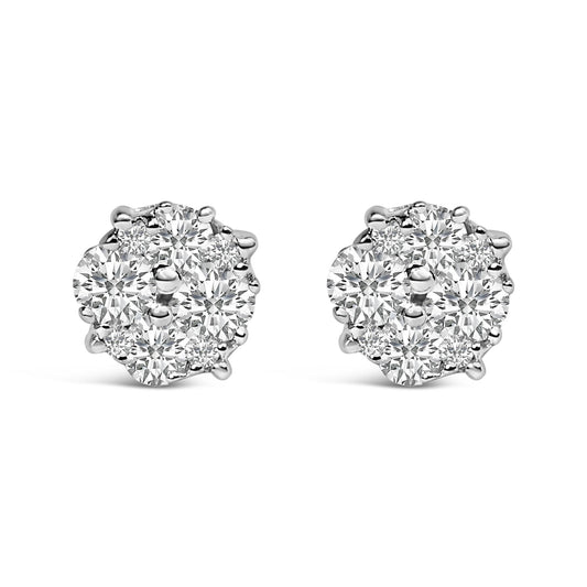 Pair of white metal stud earrings with round white gemstones in prong settings clustered in a circular arrangement, shown from a front angle on a white background.
