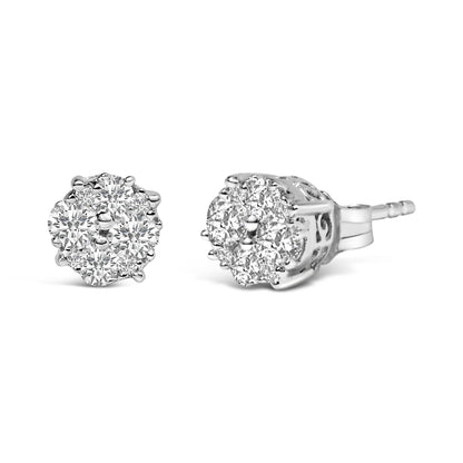 Pair of white metal stud earrings with round white gemstones in prong settings, shown from front and side angles.