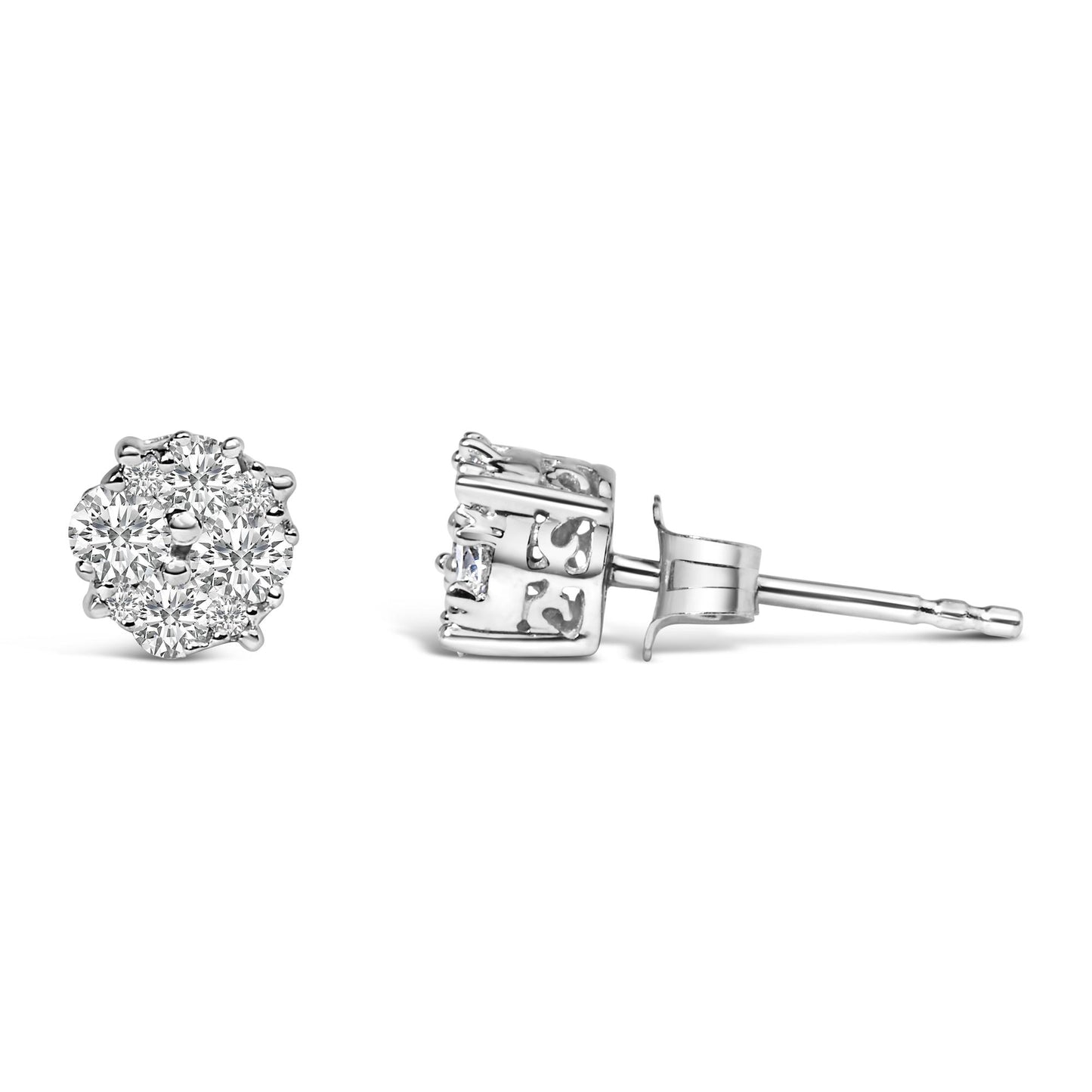 Close-up front and side view of a pair of white metal stud earrings with multiple round white gemstones in prong settings.
