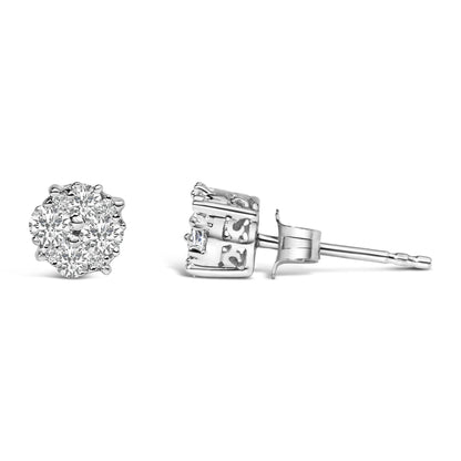 Close-up front and side view of a pair of white metal stud earrings with multiple round white gemstones in prong settings.