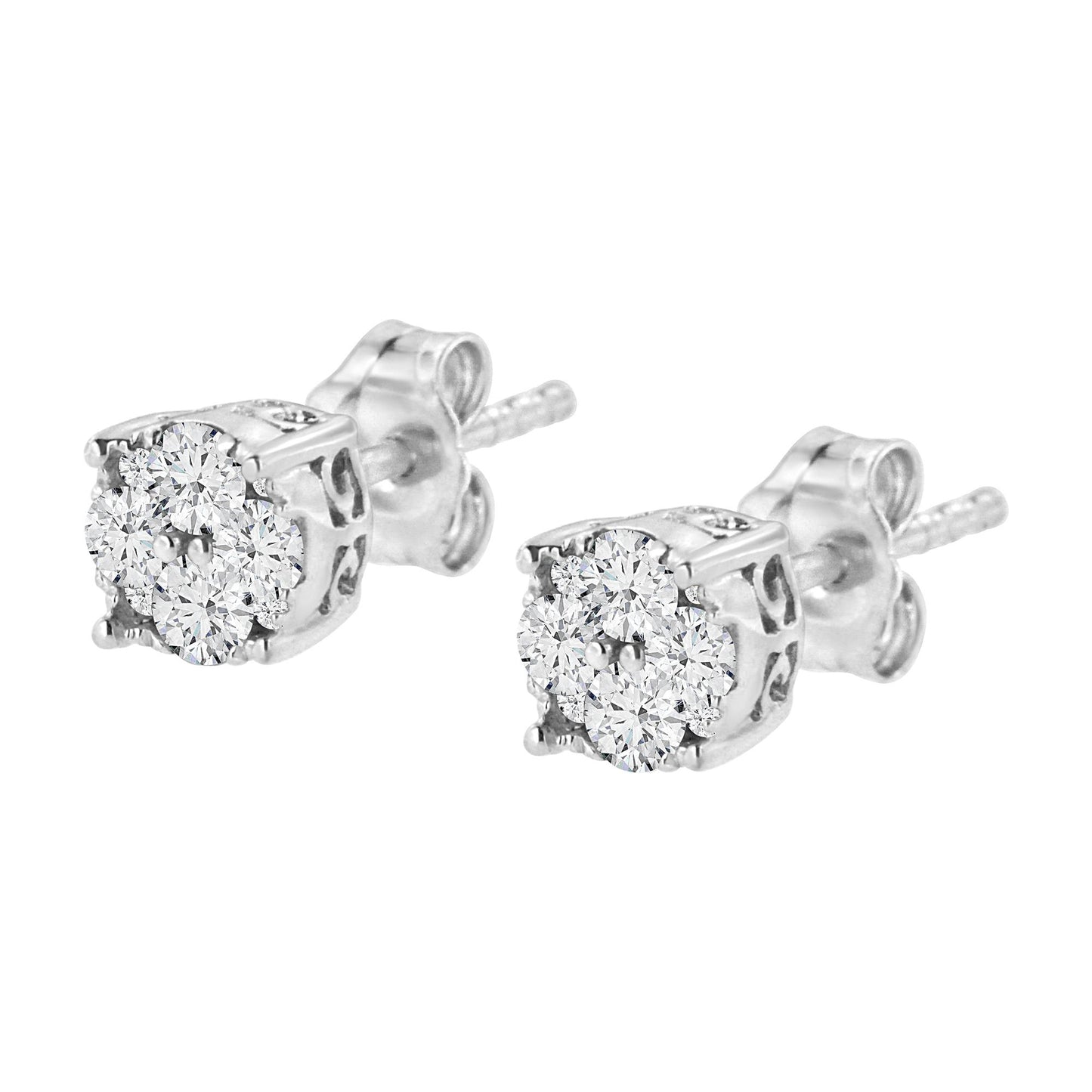 Close-up front angle of a pair of white metal stud earrings with cluster settings featuring multiple white round gemstones.