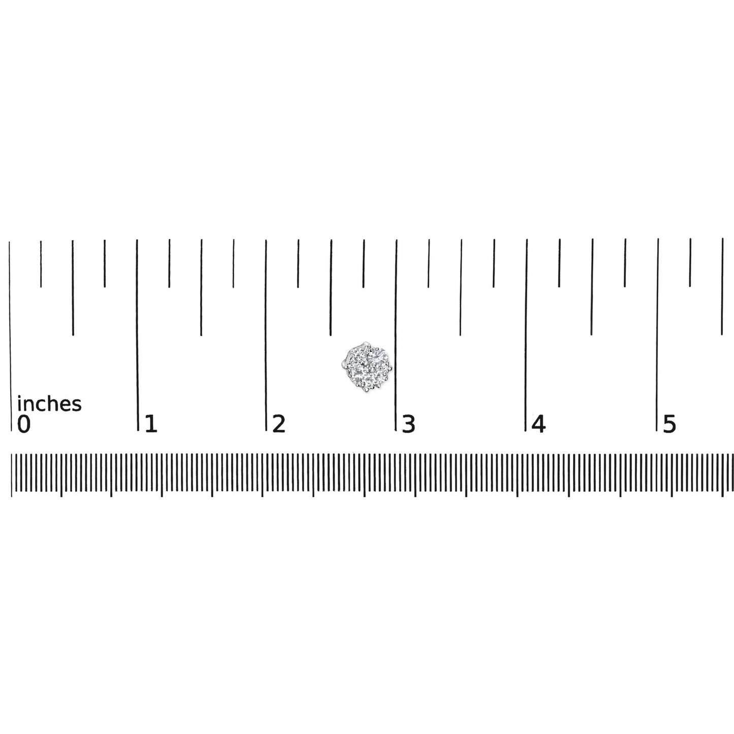 Close-up top view of a white metal round cluster earring with multiple white gemstones in prong settings placed on a ruler for size reference.