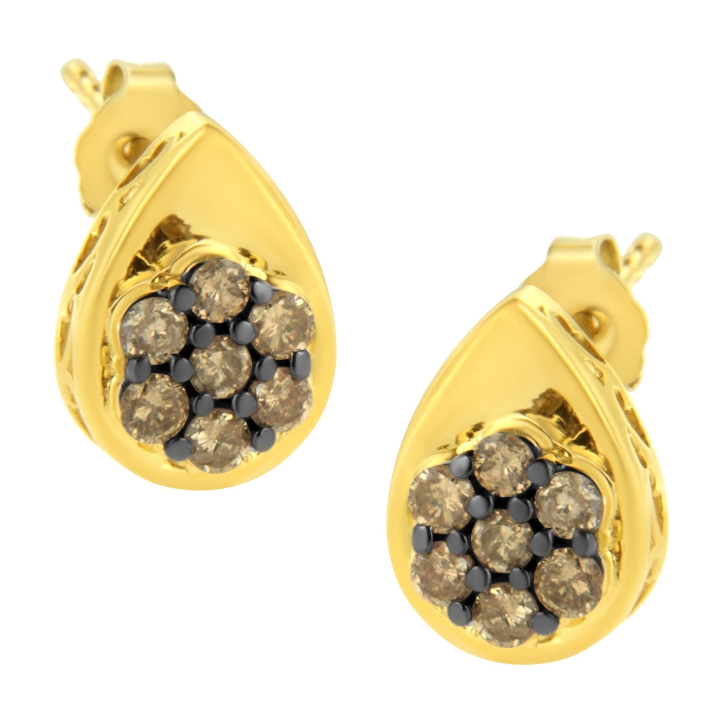 Front angle view of yellow metal teardrop-shaped earrings with cluster of round champagne-colored gemstones in prong settings.